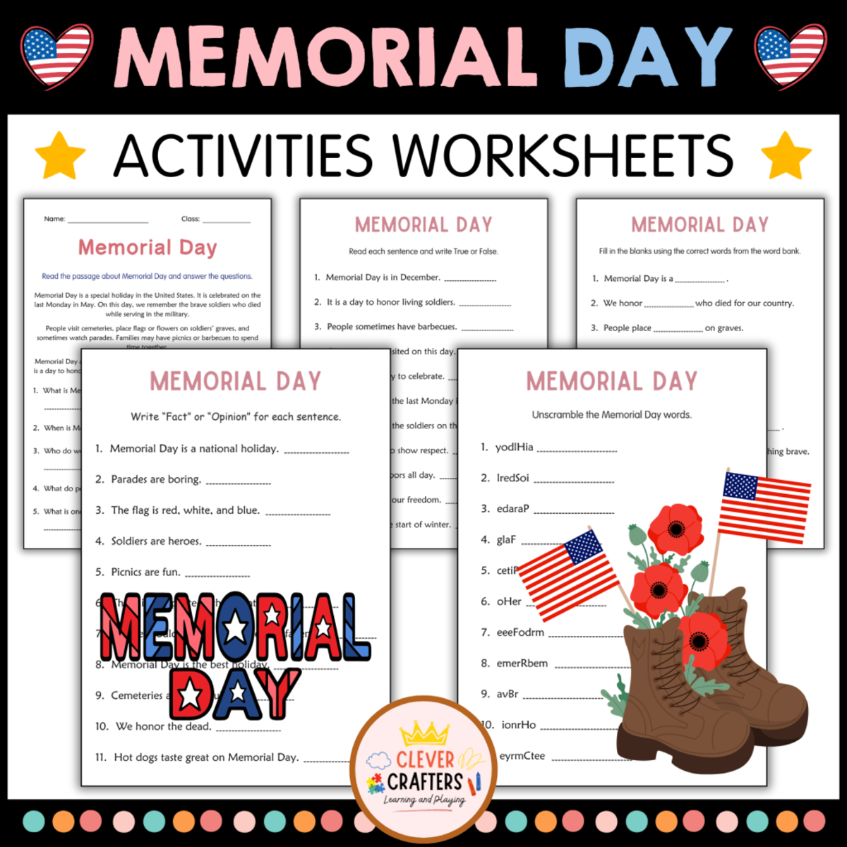 An educational teaching resource from Clever Crafters entitled Printable Memorial Day - Passage and Questions Activity Worksheets downloadable at Teach Simple.