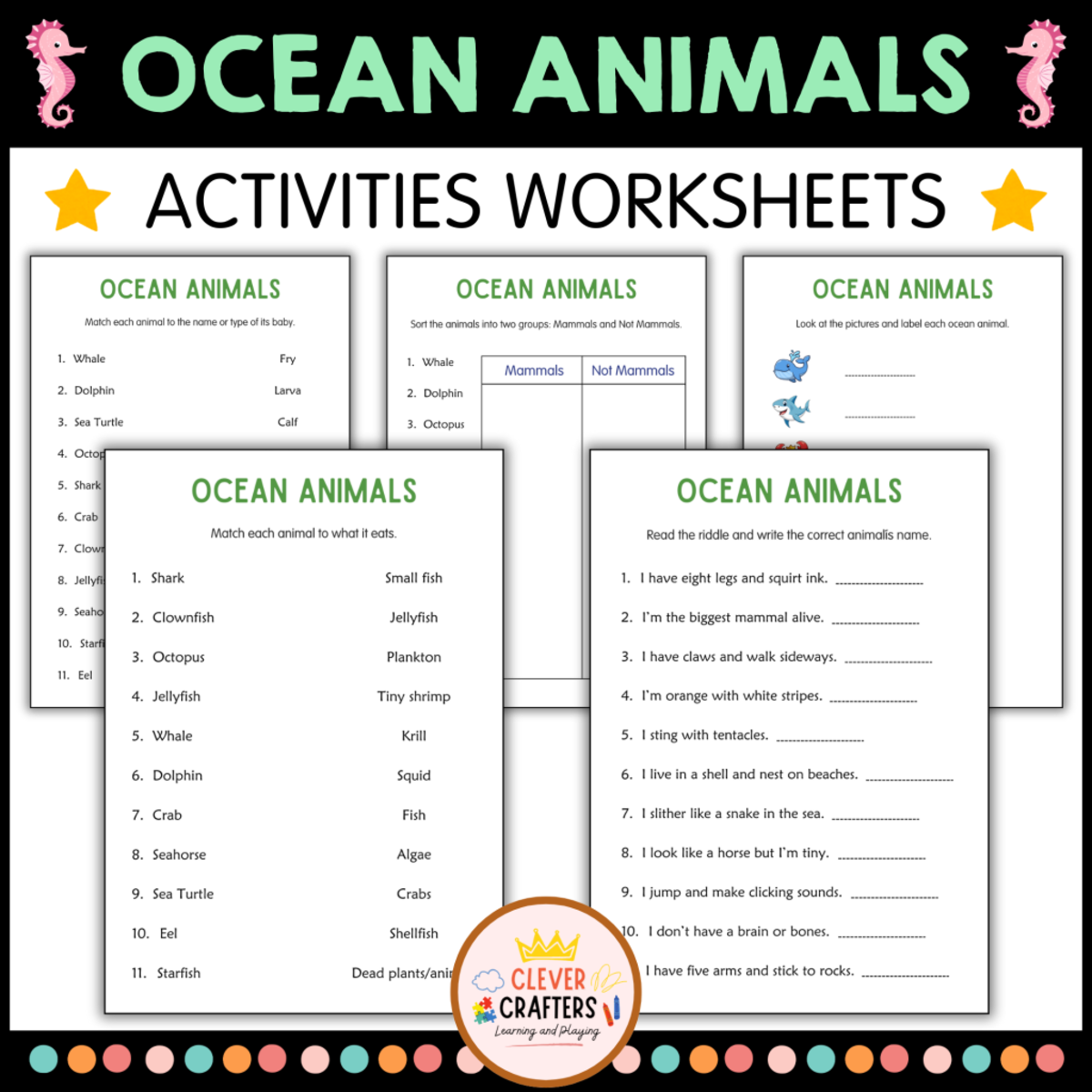 An educational teaching resource from Clever Crafters entitled Printable Ocean Animals Activity Worksheets for Grade 2, 3, 4 downloadable at Teach Simple.