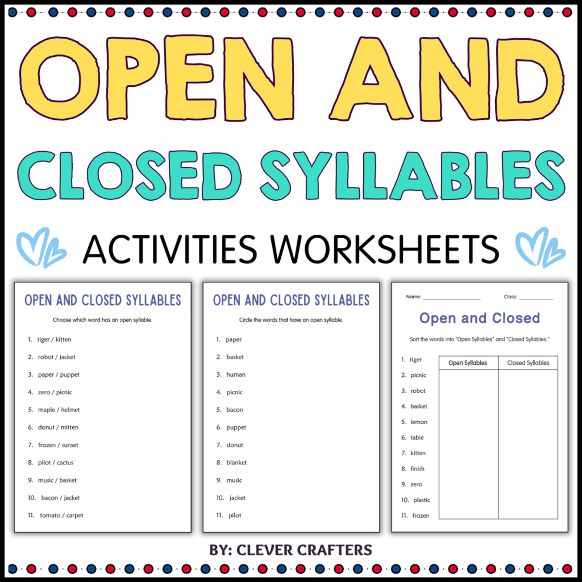 An educational teaching resource from Clever Crafters entitled Printable Open and Closed Syllables Grammar Worksheets for Grade 1, 2 downloadable at Teach Simple.