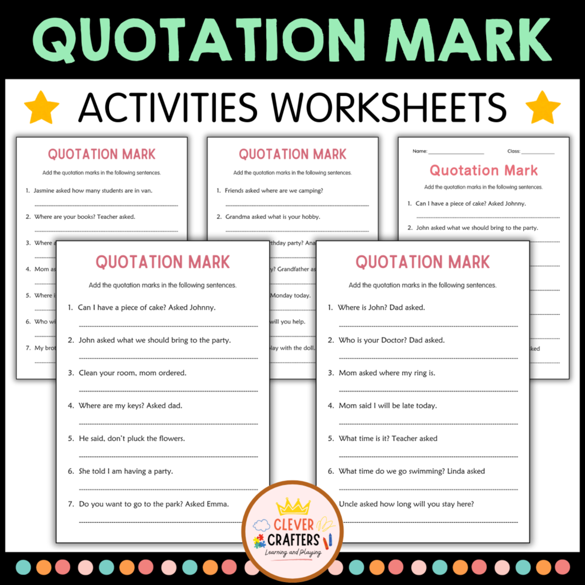 An educational teaching resource from Clever Crafters entitled Printable Quotation Marks Grammer Activity Worksheets for Grade 2, 3 downloadable at Teach Simple.