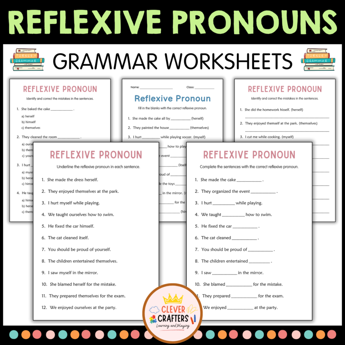 An educational teaching resource from Clever Crafters entitled Printable Reflexive Pronouns Grammar Worksheets for Grade 3, 4, 5 downloadable at Teach Simple.