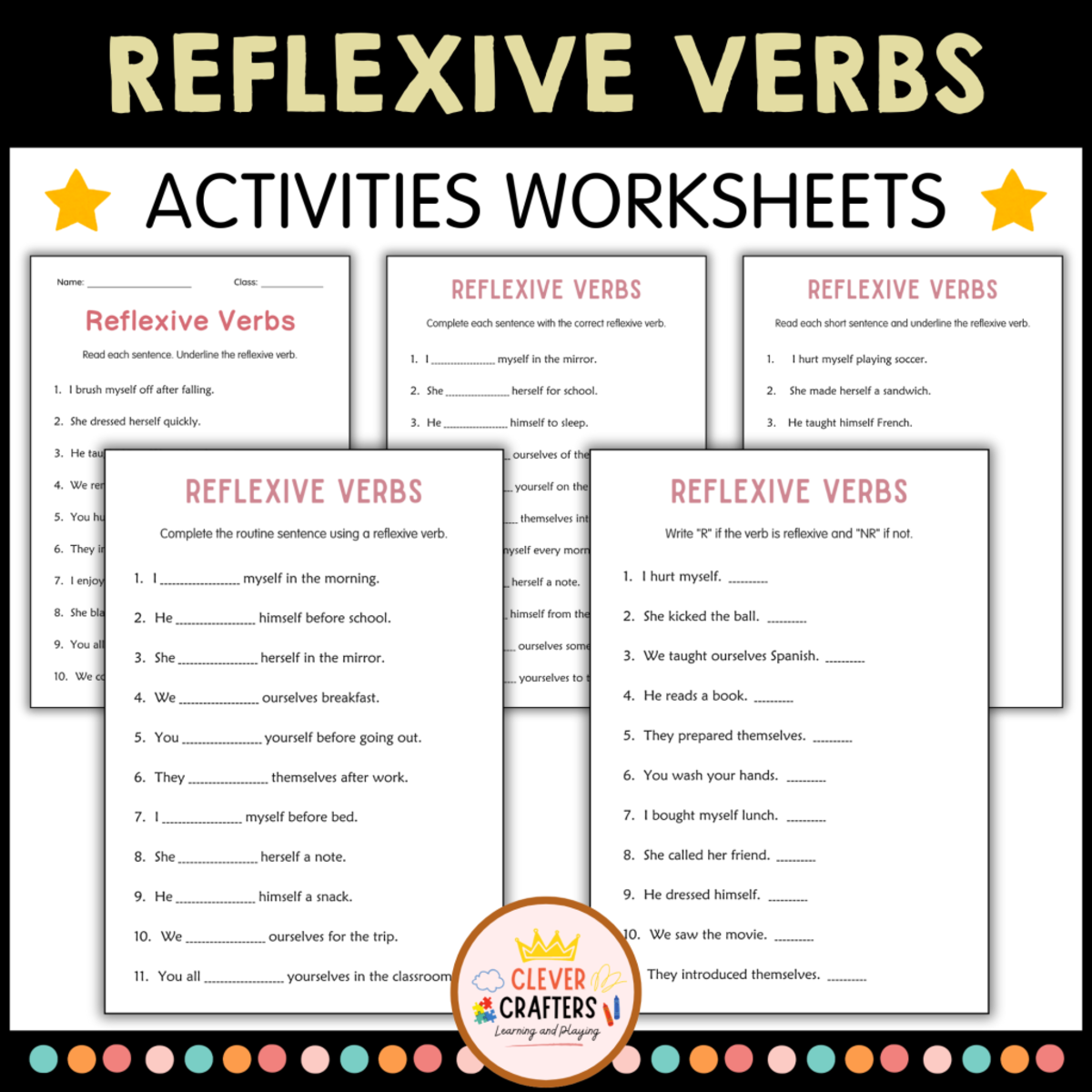 An educational teaching resource from Clever Crafters entitled Printable Reflexive Verbs Practice Grammar Worksheets for Grade 2, 3 downloadable at Teach Simple.
