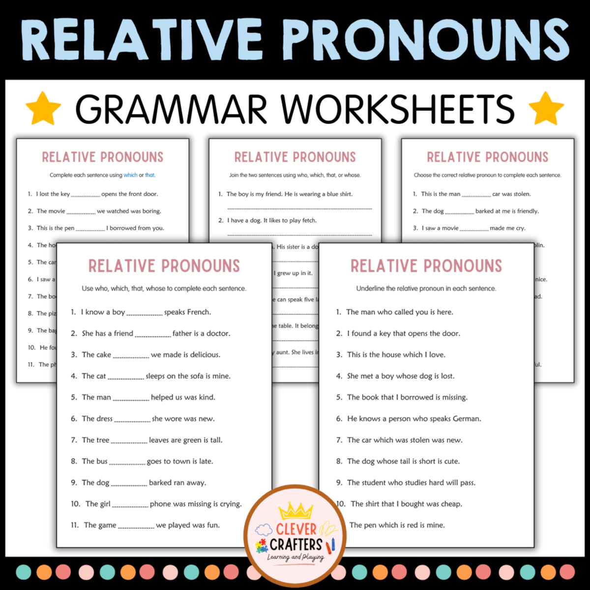An educational teaching resource from Clever Crafters entitled Printable Relative Pronouns Practice Grammar Worksheets for Grade 2, 3 downloadable at Teach Simple.
