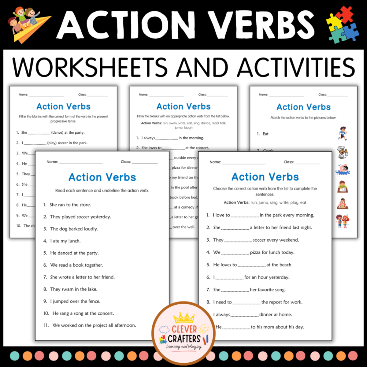 An educational teaching resource from Clever Crafters entitled Printable Sentences Action Verbs Grammar Worksheets for Grade 1, 2, 3 downloadable at Teach Simple.