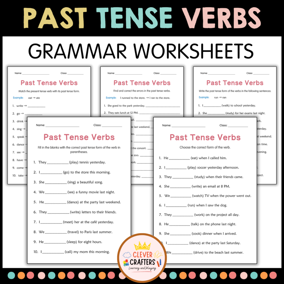 An educational teaching resource from Clever Crafters entitled Printable Simple Past Tense Verbs Grammar Worksheets for Grade 2, 3, 4 downloadable at Teach Simple.