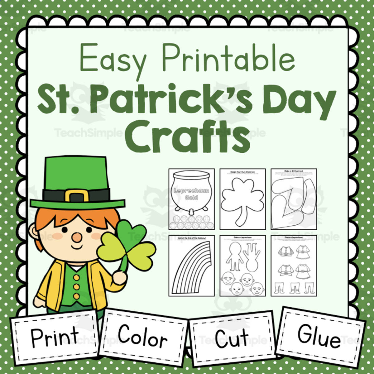 An educational teaching resource from Simply Schoolgirl entitled Printable St. Patrick's Day Crafts – 6 Project Pack downloadable at Teach Simple.