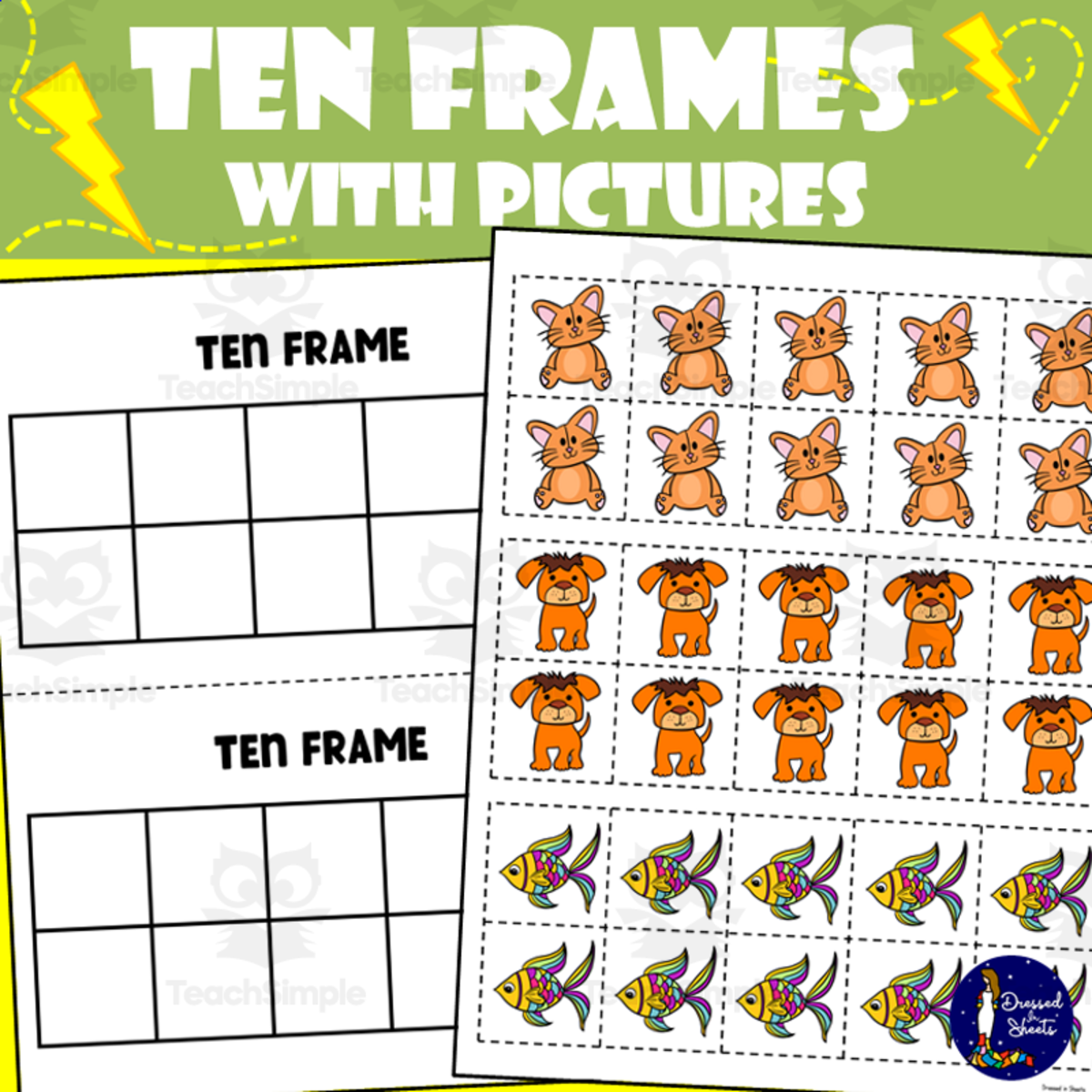 An educational teaching resource from Soumara Siddiqui entitled Printable Ten Frames with Pictures downloadable at Teach Simple.