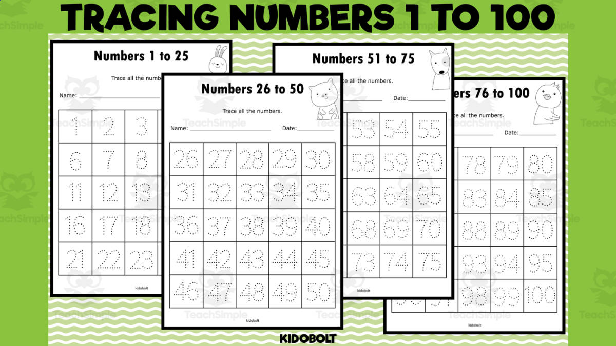An educational teaching resource from Sarita - Kidobolt entitled Printable Tracing Number Worksheet 1 to 100 - Preschool & Kindergarten downloadable at Teach Simple.