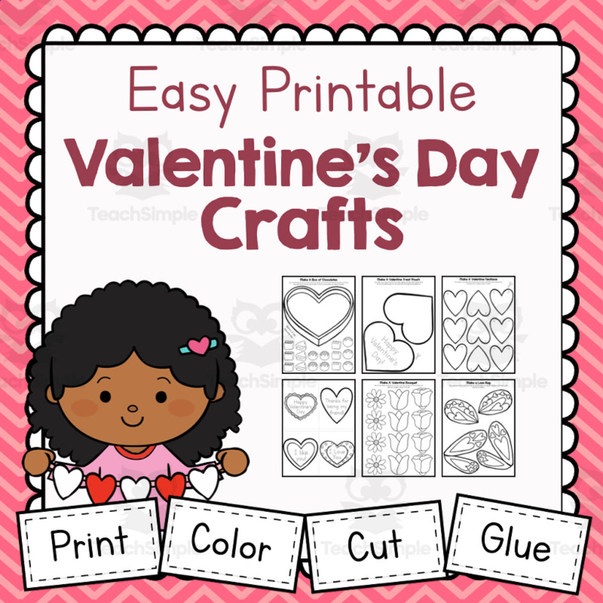 An educational teaching resource from Simply Schoolgirl entitled Printable Valentine's Day Crafts downloadable at Teach Simple.