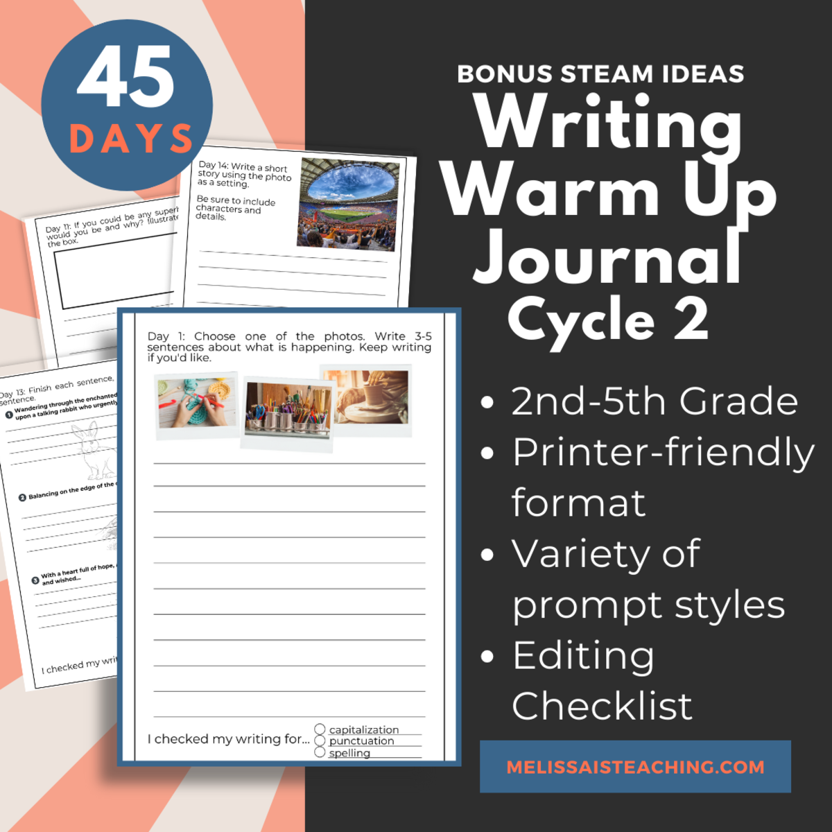 An educational teaching resource from Melissa Is Teaching entitled Printable Warm-Up Writing Journal for 2nd 3rd 4th 5th Grade CYCLE 2 downloadable at Teach Simple.