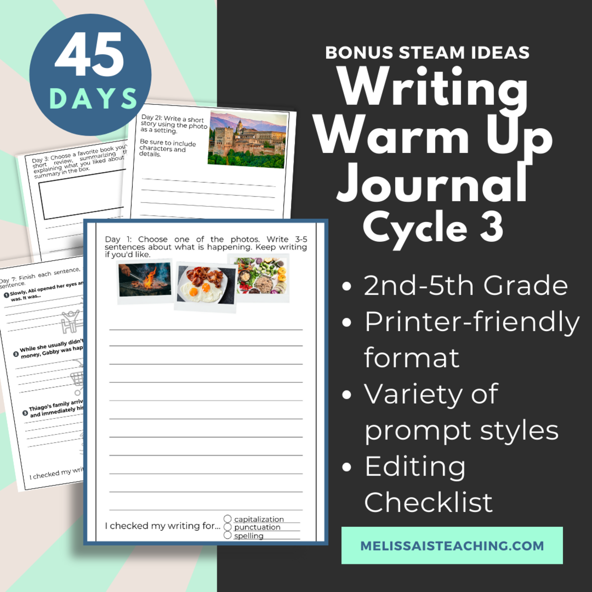 An educational teaching resource from Melissa Is Teaching entitled Printable Warm-Up Writing Journal for 2nd 3rd 4th 5th Grade CYCLE 3 downloadable at Teach Simple.
