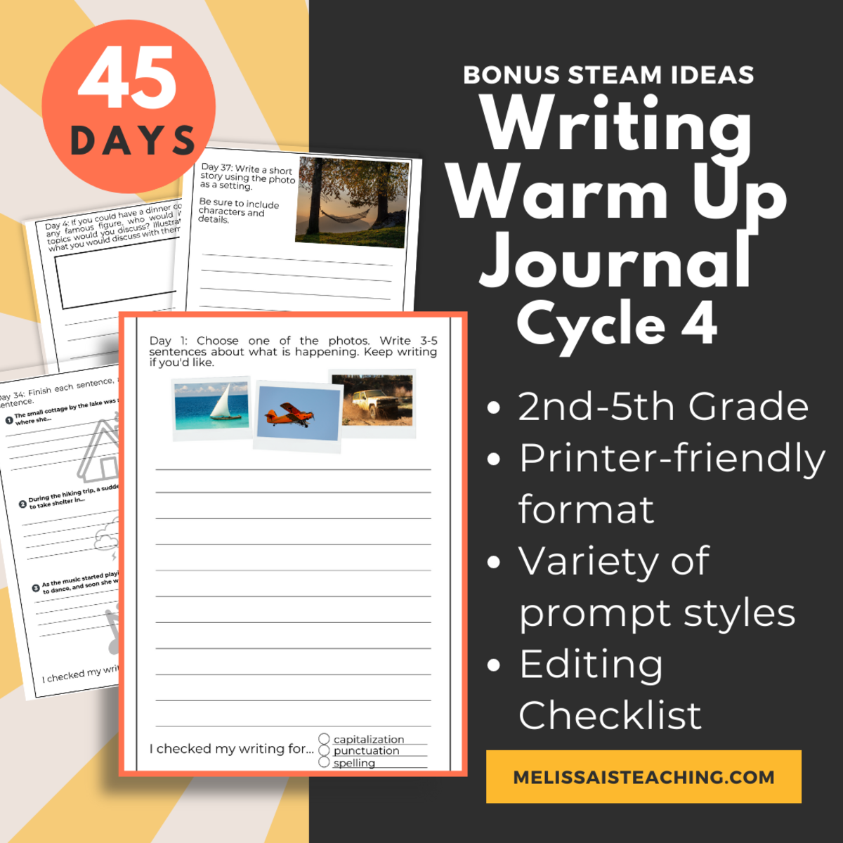 An educational teaching resource from Melissa Is Teaching entitled Printable Warm-Up Writing Journal for 2nd 3rd 4th 5th Grade CYCLE 4 downloadable at Teach Simple.