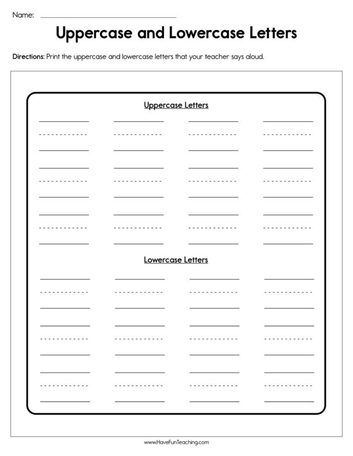 An educational teaching resource from Have Fun Teaching entitled Printing Uppercase and Lowercase Letters Worksheet downloadable at Teach Simple.