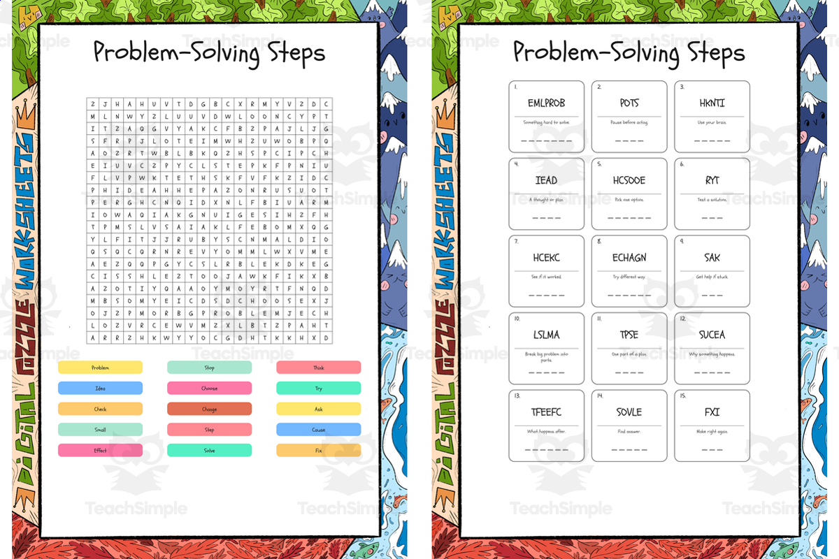 An educational teaching resource from Lapiiin Art Activities entitled Problem-Solving Steps word search, scramble and crossword puzzle downloadable at Teach Simple.