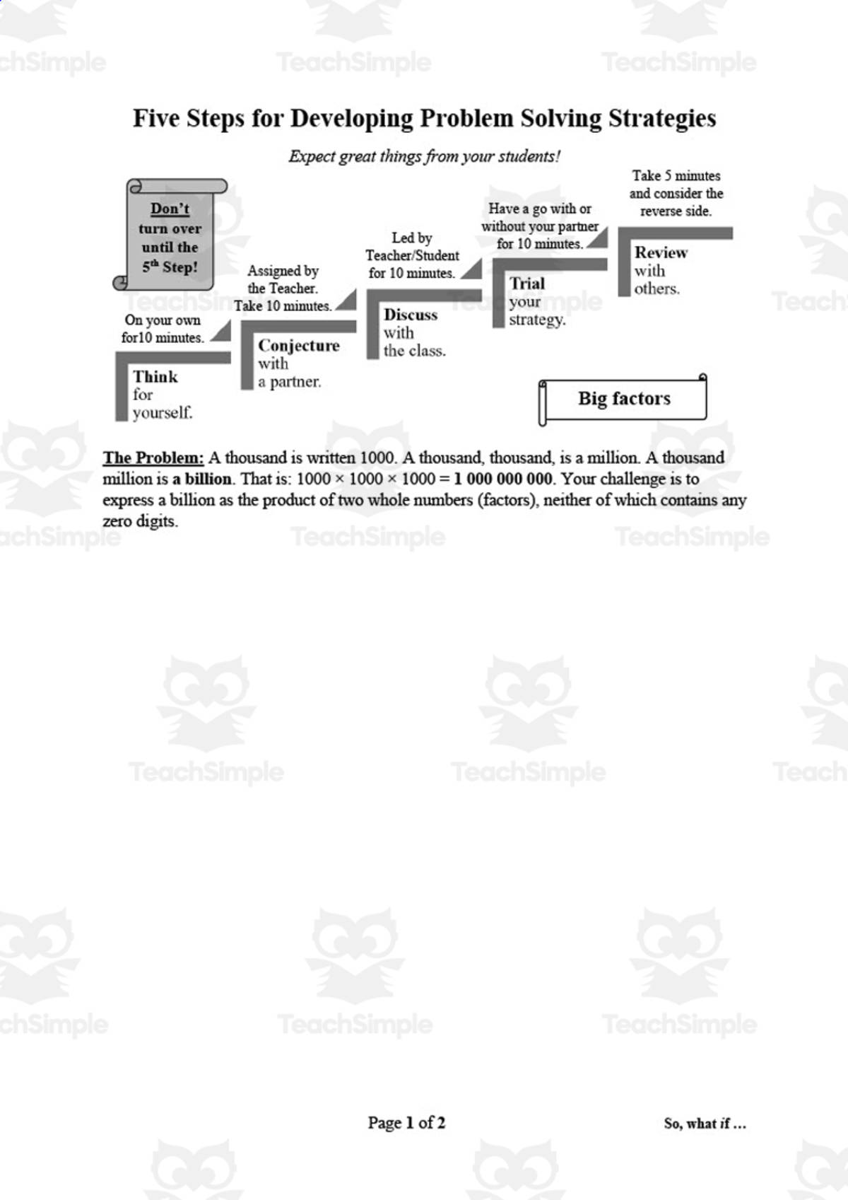 An educational teaching resource from So, what if ... by Ian F Hailes entitled Problem Solving Strategies: Big Factors | Math Worksheet downloadable at Teach Simple.