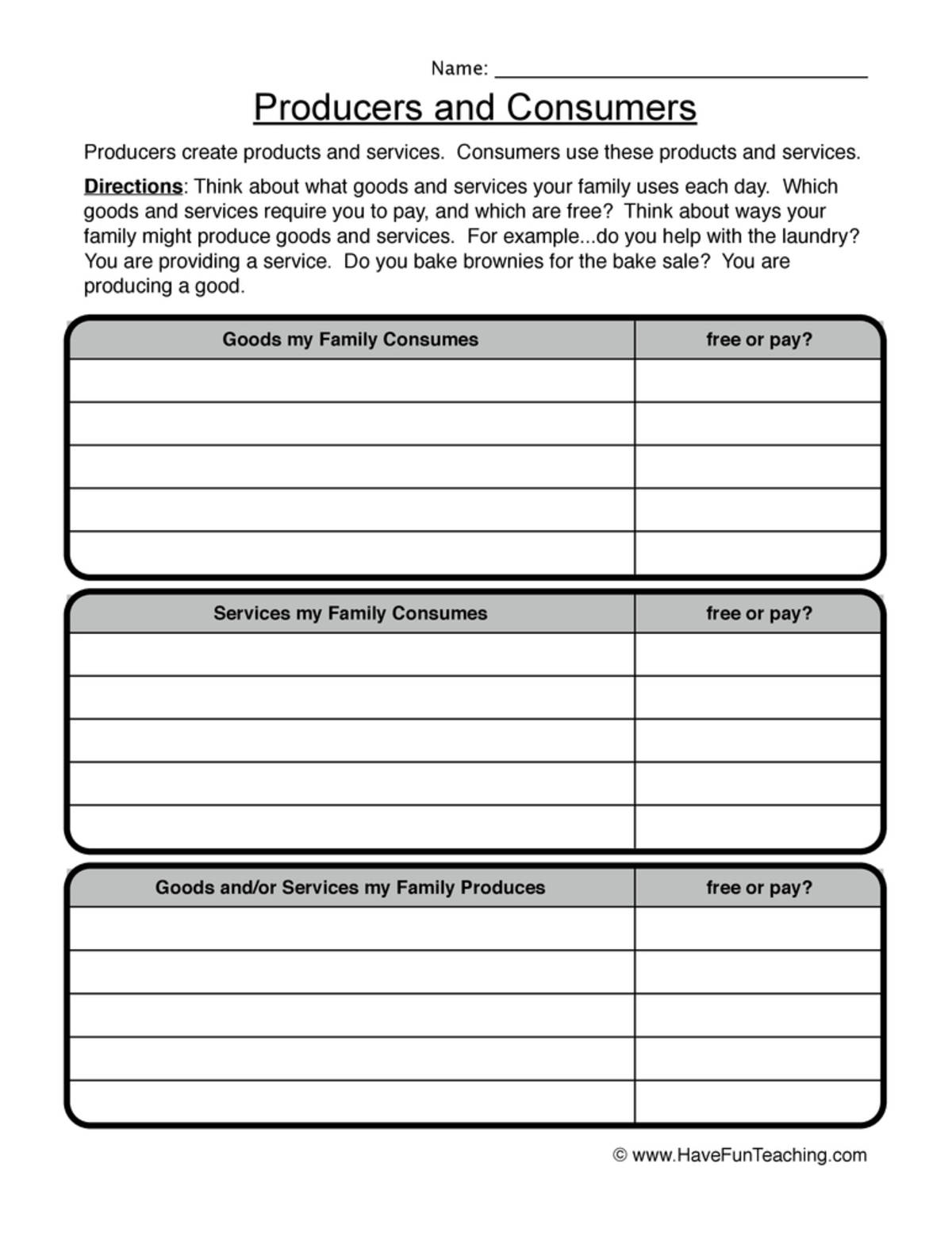 An educational teaching resource from Have Fun Teaching entitled Producers and Consumers Worksheet downloadable at Teach Simple.