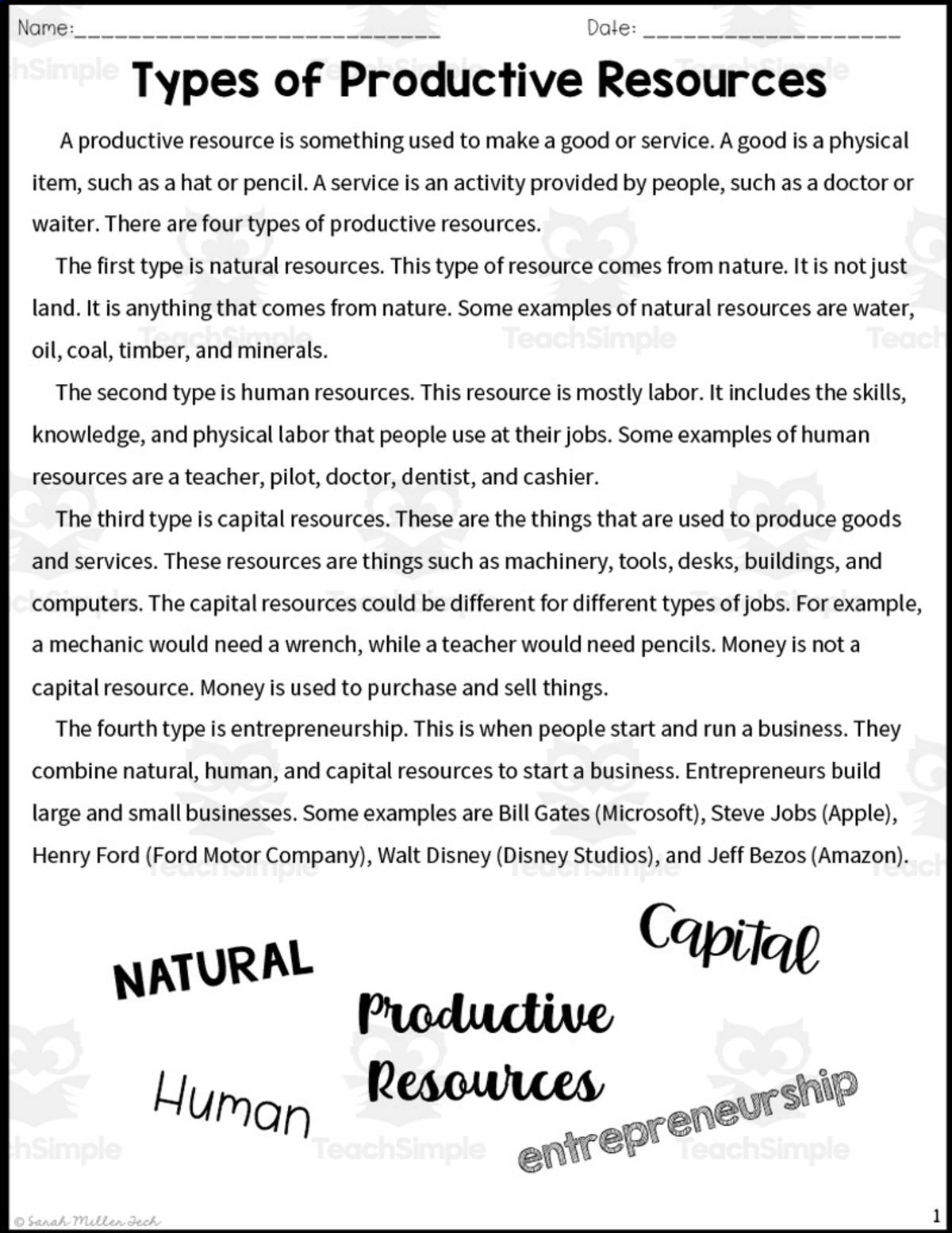 An educational teaching resource from Sarah Miller Tech entitled Productive Resources Reading Packet downloadable at Teach Simple.