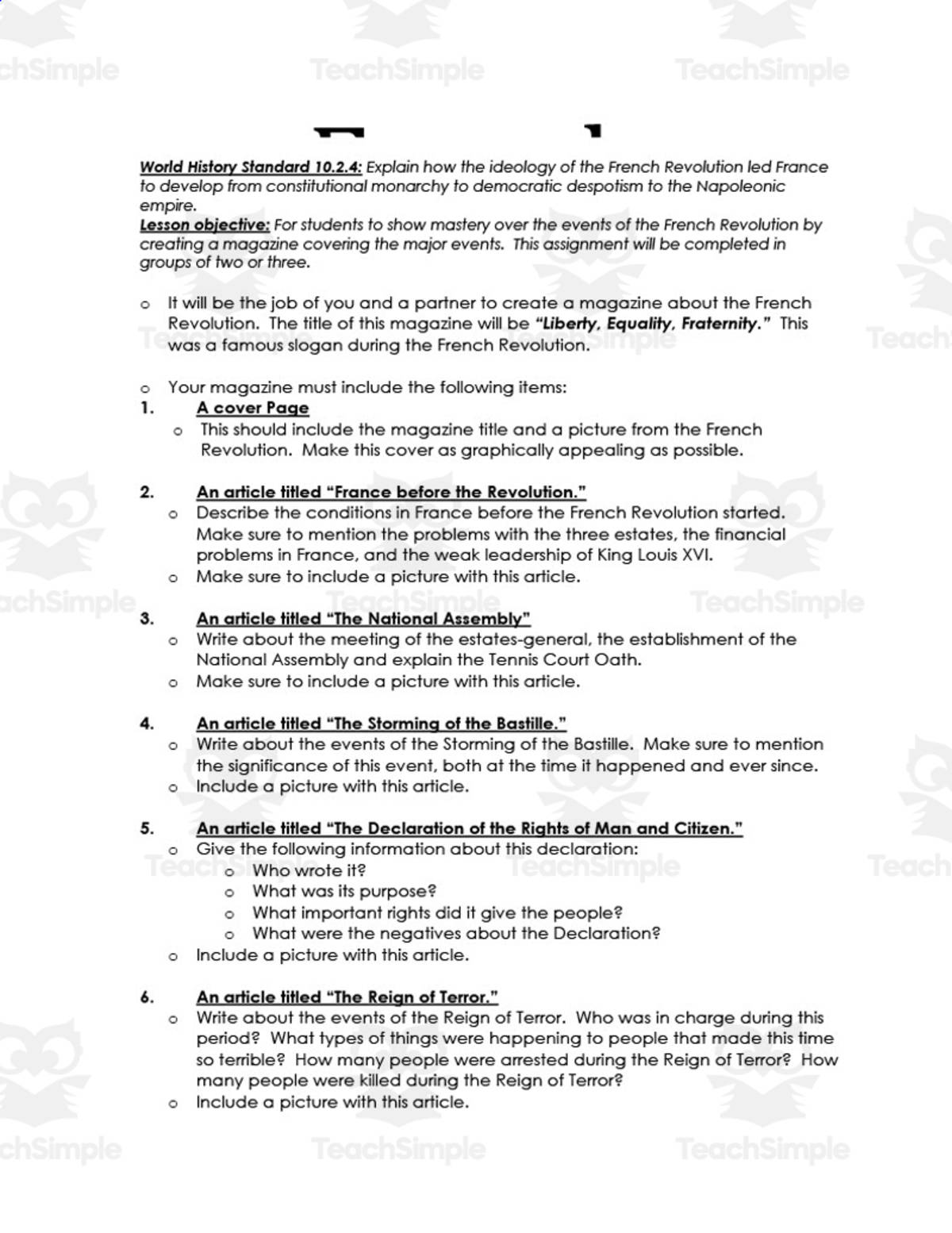 An educational teaching resource from Jason Stein entitled Project: French Revolution downloadable at Teach Simple.