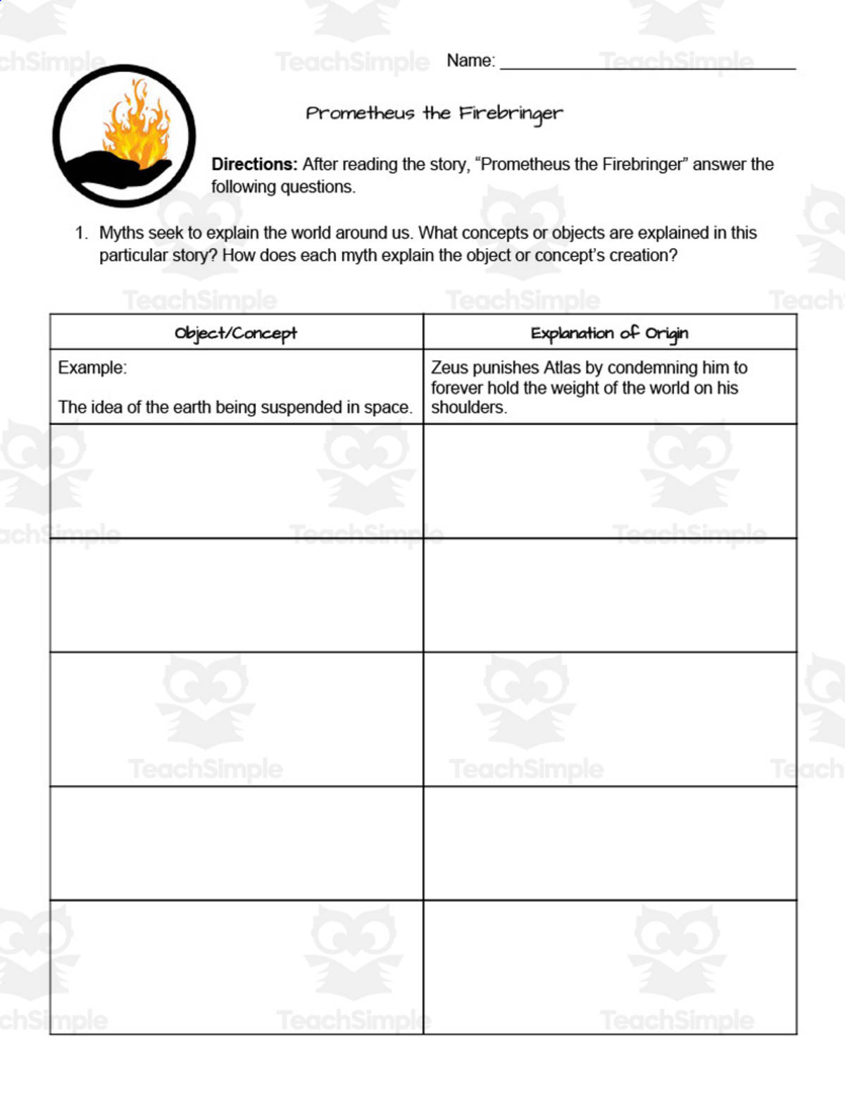 An educational teaching resource from Time Thrifty Teacher entitled Prometheus the Firebringer Story Guide downloadable at Teach Simple.