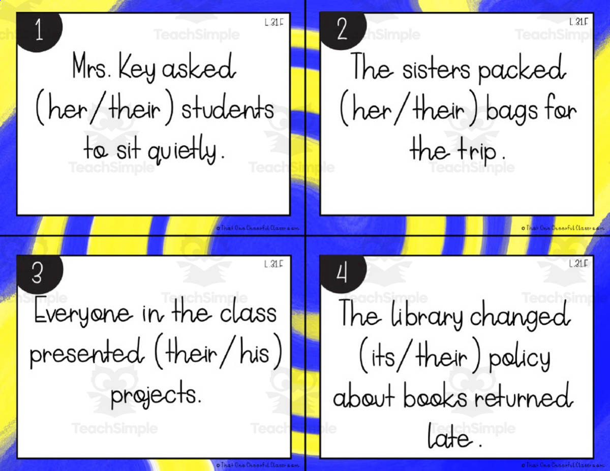 An educational teaching resource from That One Cheerful Classroom entitled Pronoun Antecedent Task Cards downloadable at Teach Simple.