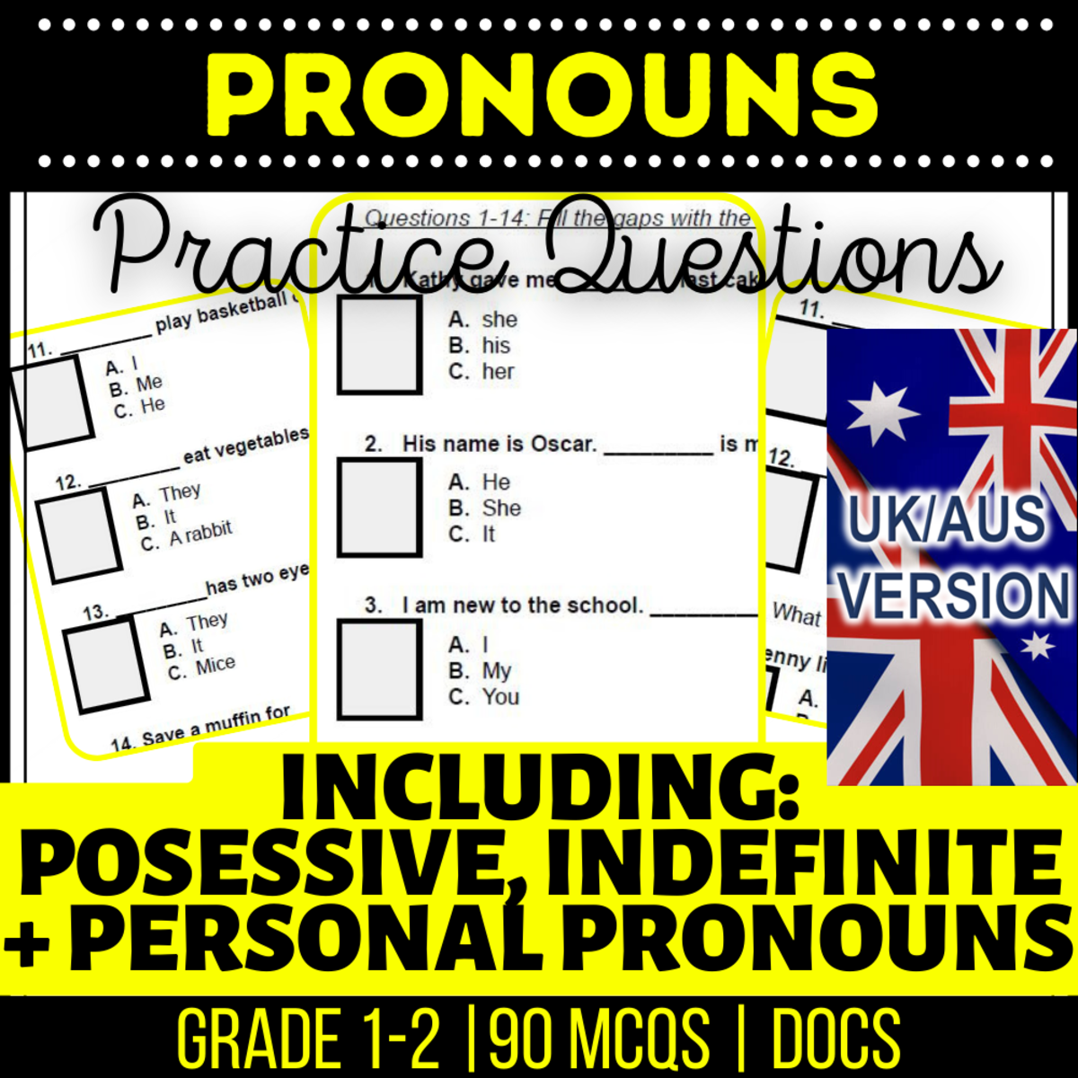 An educational teaching resource from Cored Education entitled UK/Aus Spelling Pronouns Grammar Practice MCQs Year 2-3 (Docs) downloadable at Teach Simple.