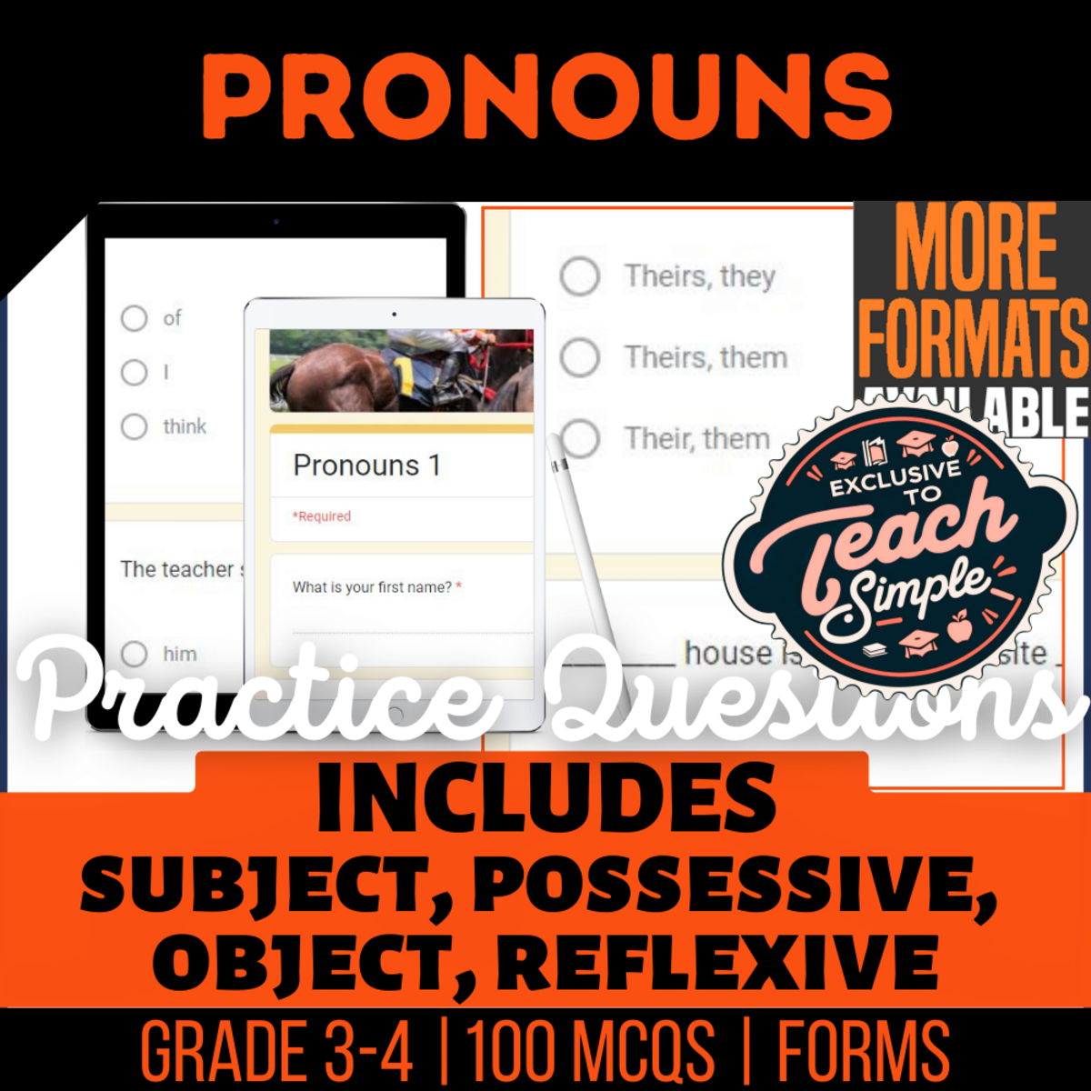 An educational teaching resource from Cored Education entitled Pronouns Practice Questions - Grade 3-4 Grammar (Google Forms) downloadable at Teach Simple.