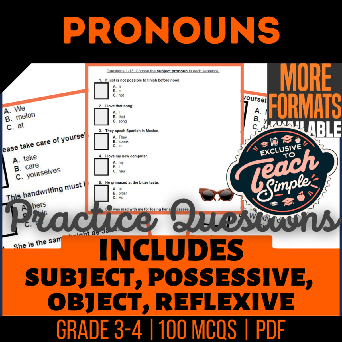 An educational teaching resource from Cored Education entitled Pronouns Practice Questions - Grade 3-4 Grammar (PDF) downloadable at Teach Simple.