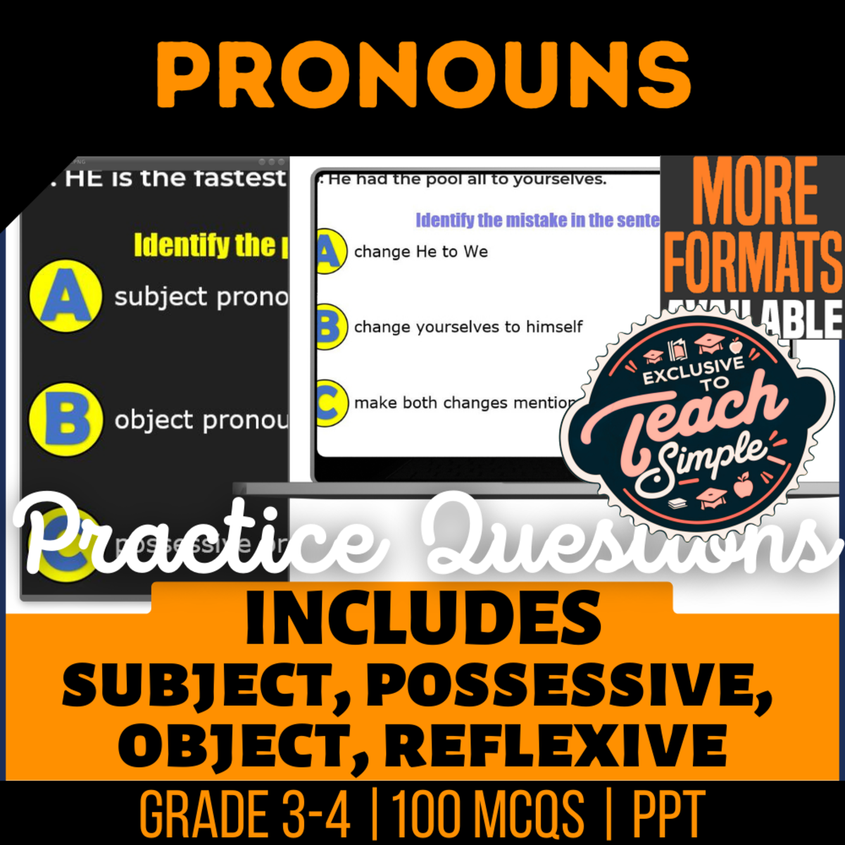 An educational teaching resource from Cored Education entitled Pronouns Practice Questions - Grade 3-4 Grammar (PPT) downloadable at Teach Simple.