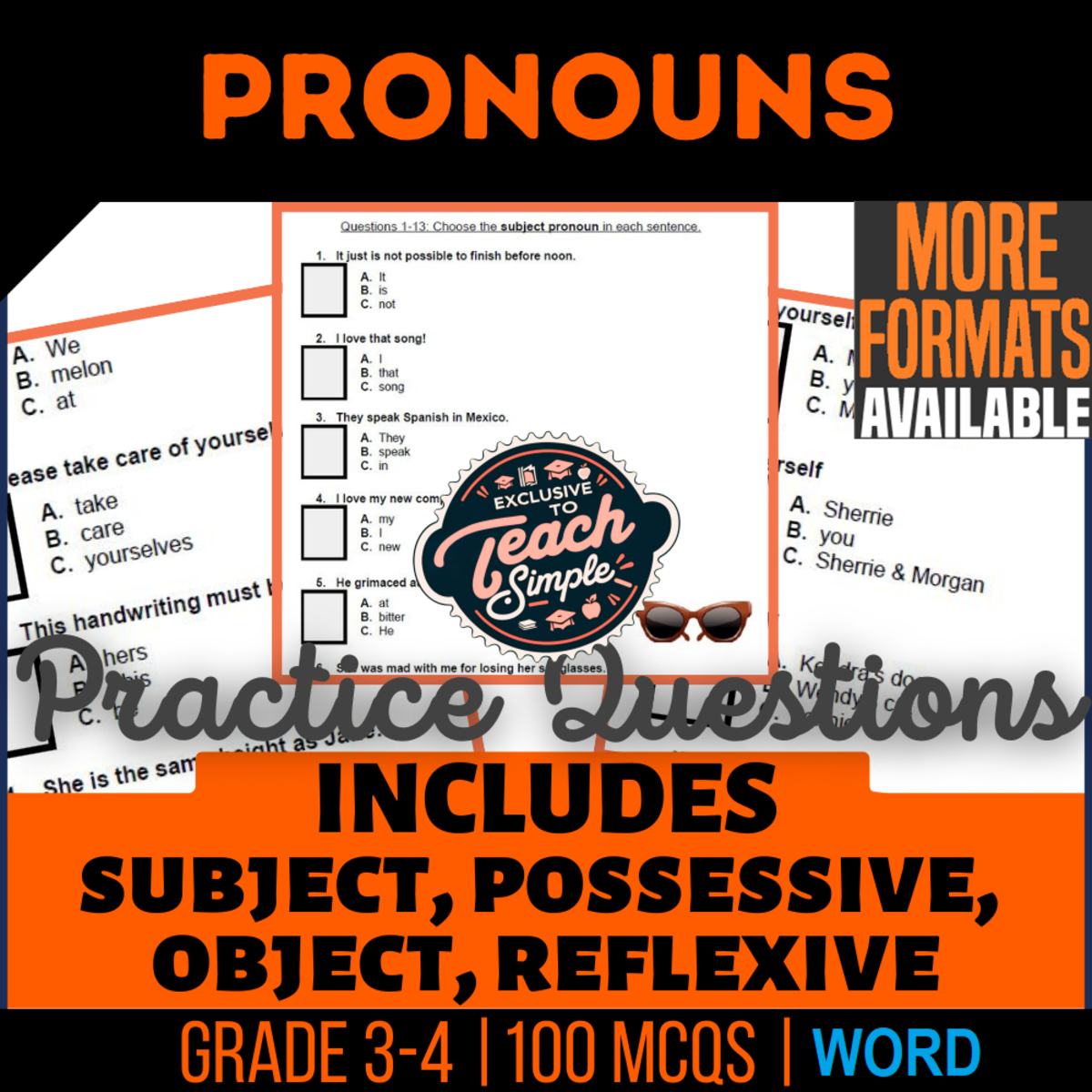 An educational teaching resource from Cored Education entitled Pronouns Practice Questions - Grade 3-4 Grammar (Word) downloadable at Teach Simple.