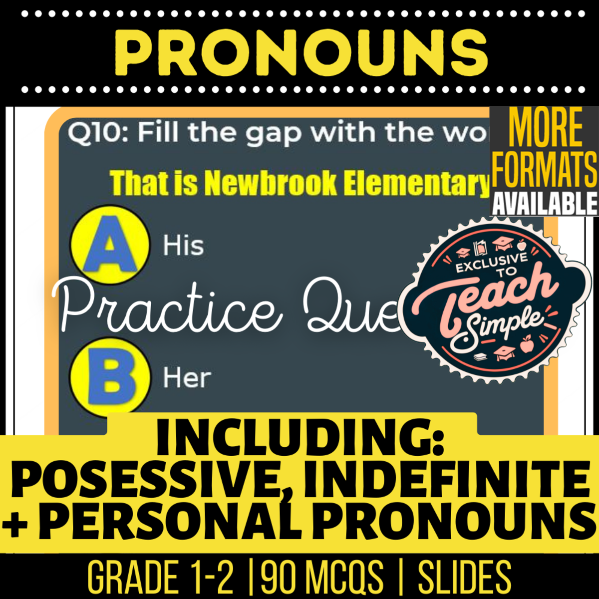 An educational teaching resource from Cored Education entitled Pronouns Practice Questions - Grades 1-2 Grammar (Slides) downloadable at Teach Simple.