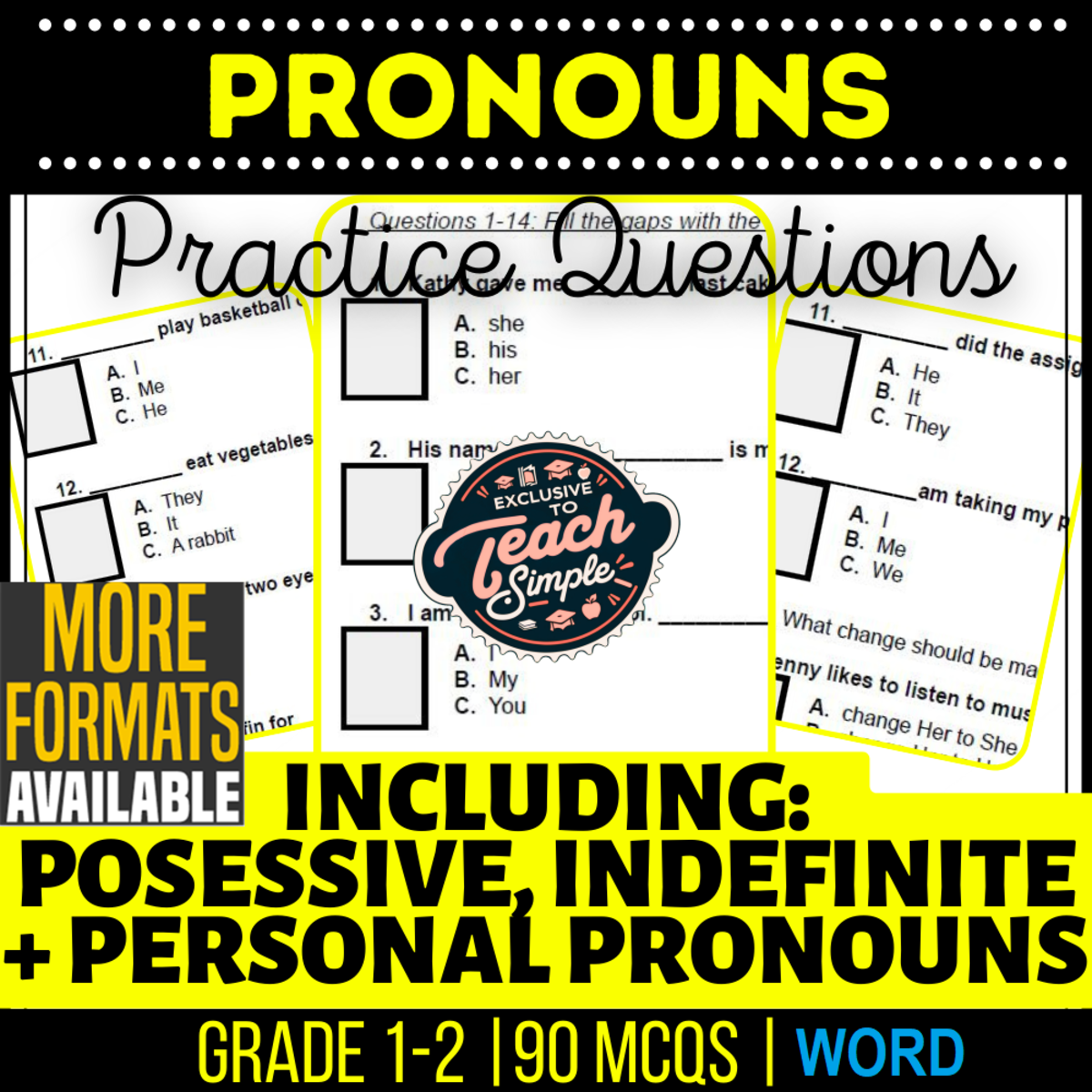 An educational teaching resource from Cored Education entitled Pronouns Practice Questions - Grades 1-2 Grammar (Word) downloadable at Teach Simple.