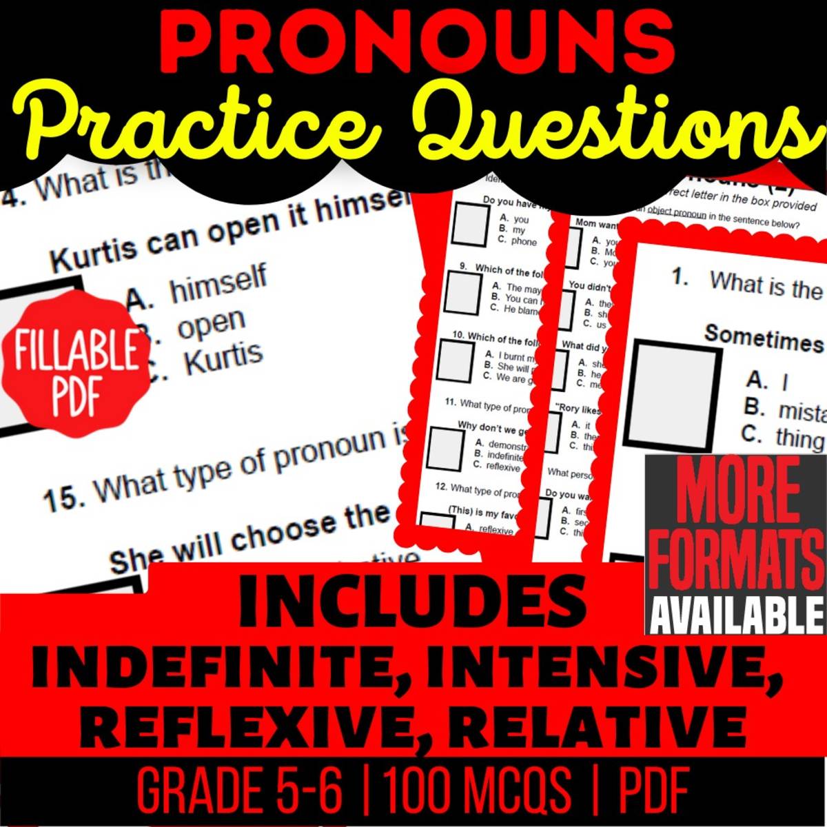 An educational teaching resource from Cored Education entitled Pronouns Practice Questions - Grammar Grade 5-6 (Fillable PDF) downloadable at Teach Simple.