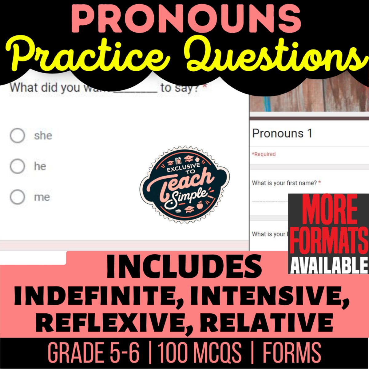 An educational teaching resource from Cored Education entitled Pronouns Practice Questions - Grammar Grade 5-6 (Forms) downloadable at Teach Simple.