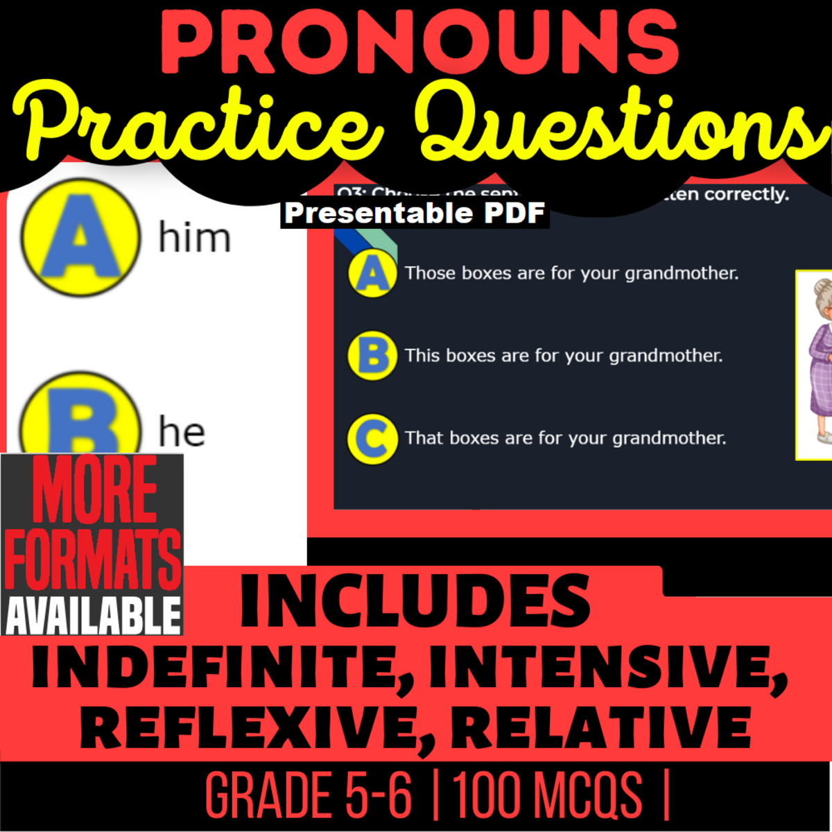 An educational teaching resource from Cored Education entitled Pronouns Practice Questions - Grammar Grade 5-6 (Presentable PDF) downloadable at Teach Simple.
