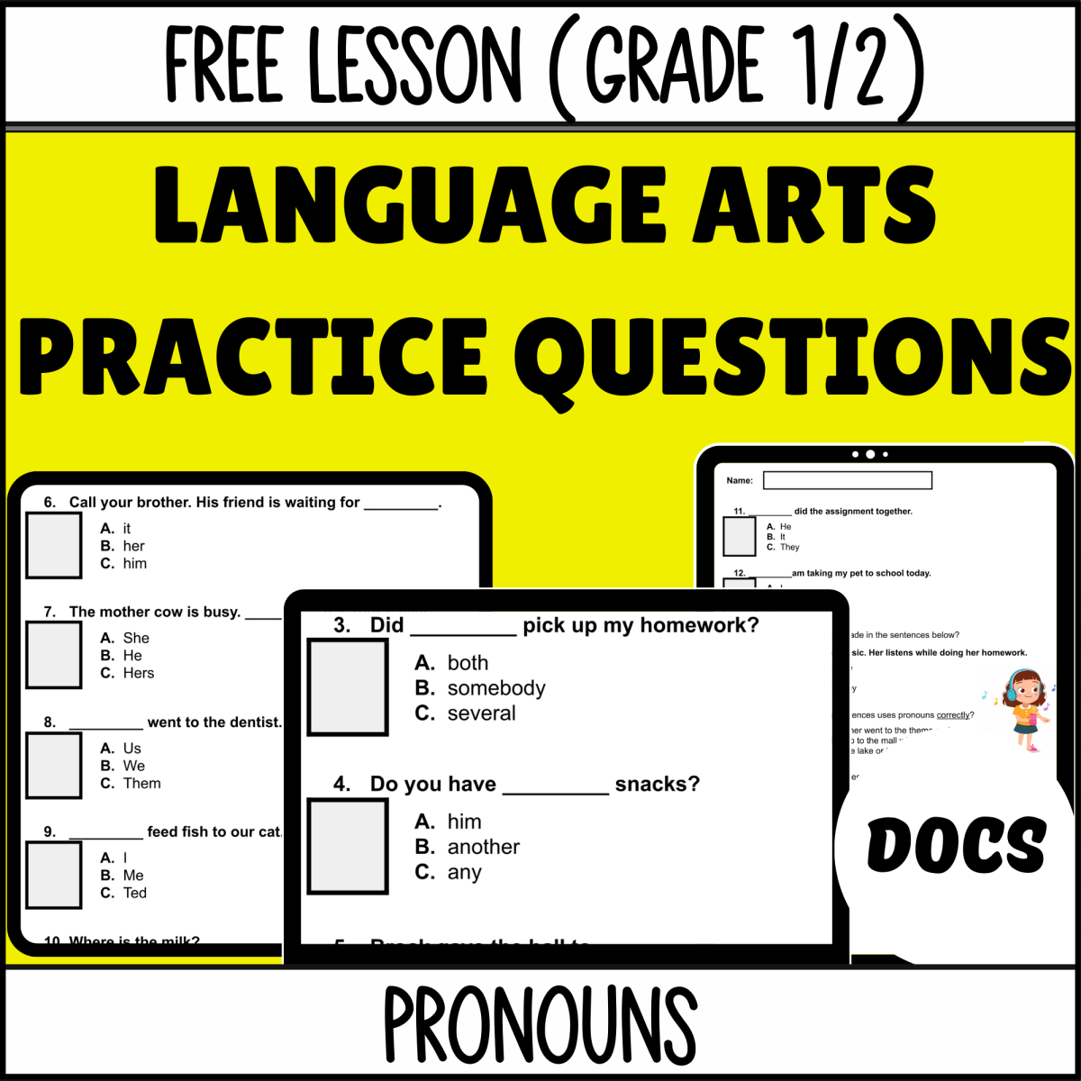 An educational teaching resource from Cored Education entitled Pronouns Sample - Grades 1-2 Grammar (Docs) downloadable at Teach Simple.