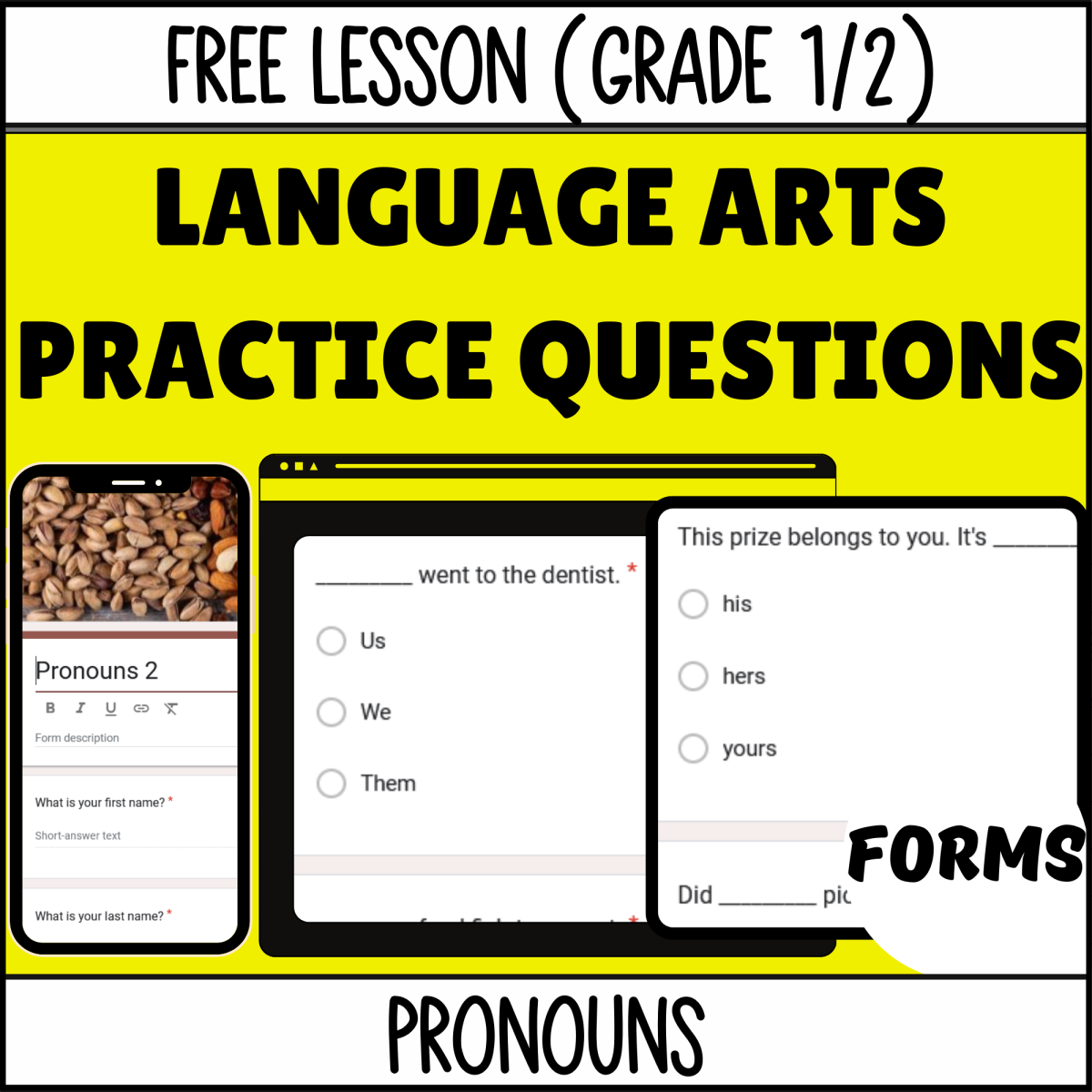 An educational teaching resource from Cored Education entitled Pronouns Sample - Grades 1-2 Grammar (Forms) downloadable at Teach Simple.