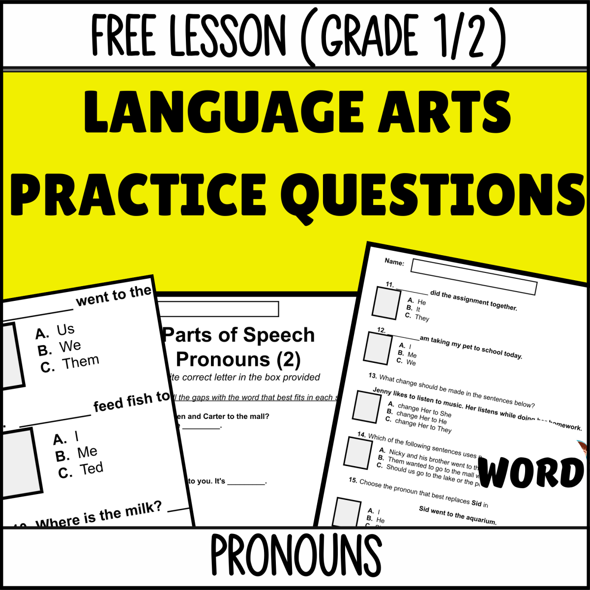 An educational teaching resource from Cored Education entitled Pronouns Sample - Grades 1-2 Grammar (Word) downloadable at Teach Simple.