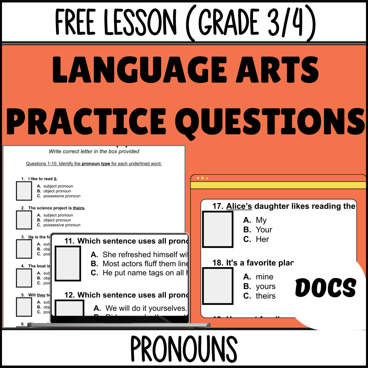 An educational teaching resource from Cored Education entitled Pronouns Sample: Grammar Grades 3-4 (Google Docs) downloadable at Teach Simple.