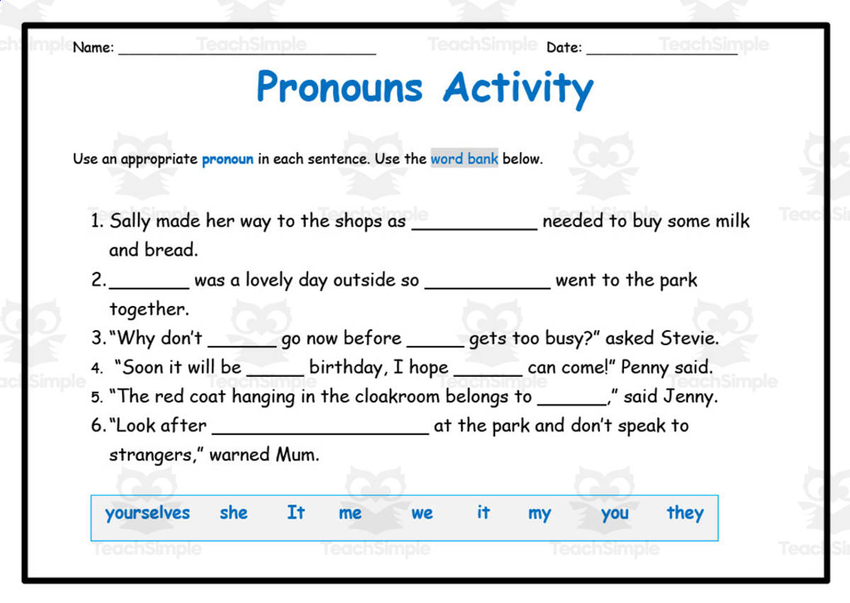 An educational teaching resource from Elementary Resources 4 U entitled Pronouns Worksheet downloadable at Teach Simple.