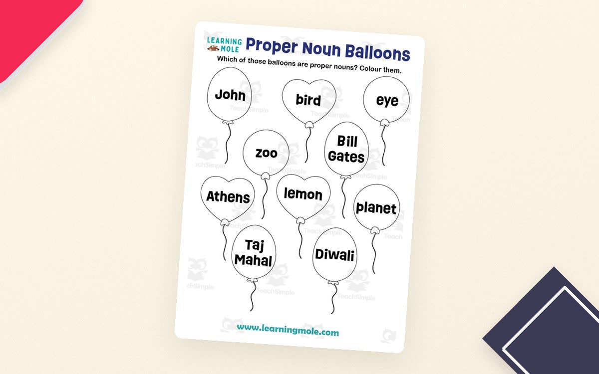 An educational teaching resource from Educational Voice entitled Proper Noun Balloons Activity downloadable at Teach Simple.