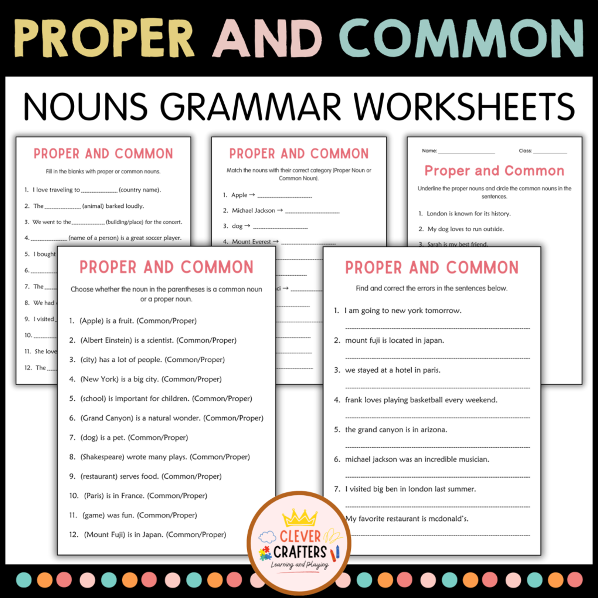 An educational teaching resource from Clever Crafters entitled Proper Nouns and Common Nouns Grammar Practice Worksheets for Grade 1 downloadable at Teach Simple.