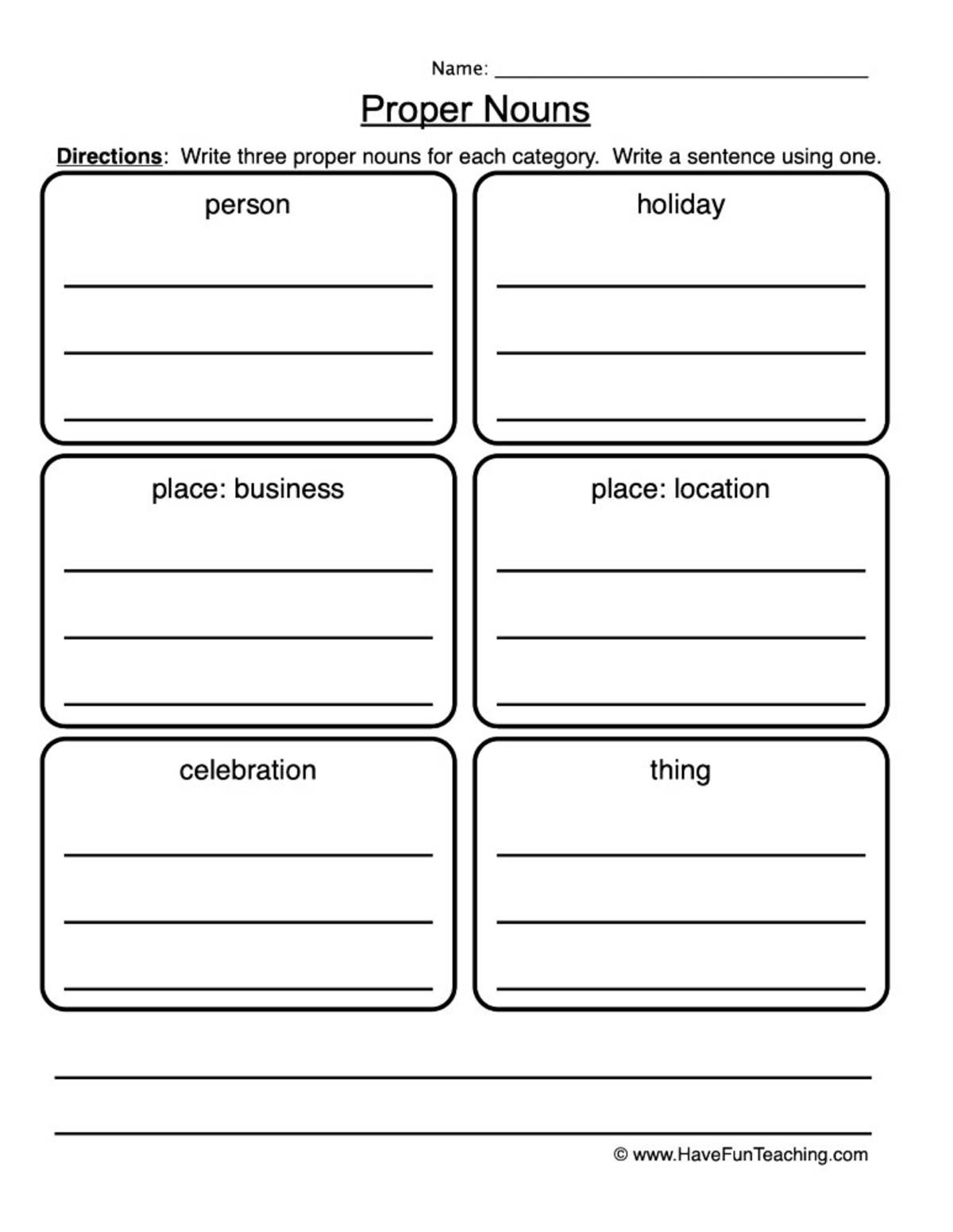 An educational teaching resource from Have Fun Teaching entitled Proper Nouns List Worksheet downloadable at Teach Simple.