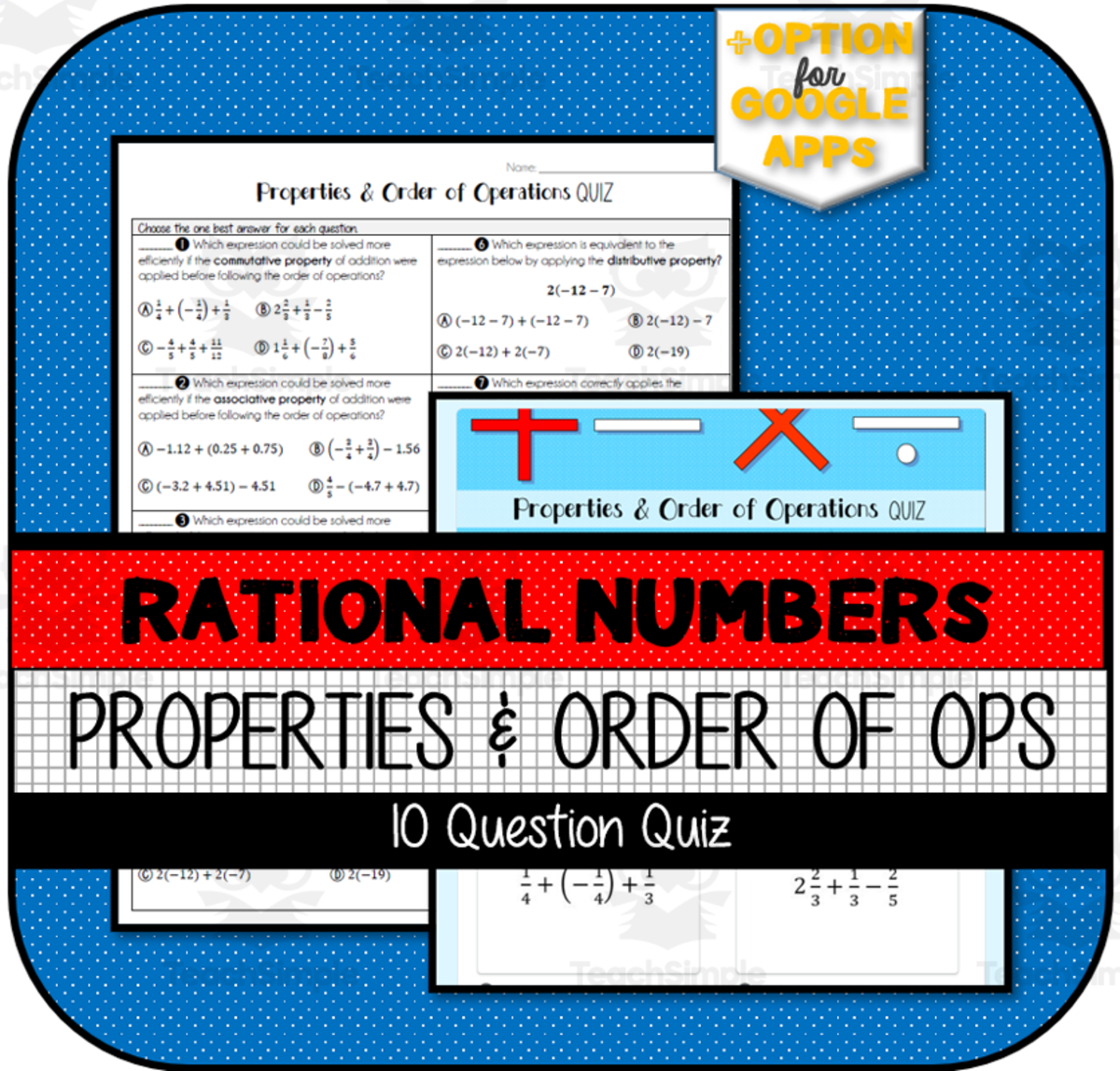An educational teaching resource from The Math Cafe entitled Properties & Order of Operations QUIZ downloadable at Teach Simple.