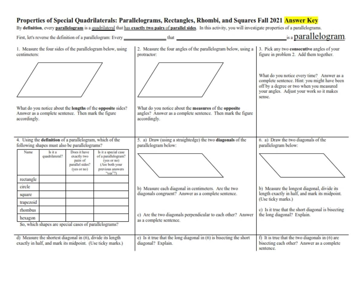 An educational teaching resource from Peter Jonnard entitled Properties of Special Quadrilaterals: Parallelograms, Retangles, Rhombi, and Squares downloadable at Teach Simple.