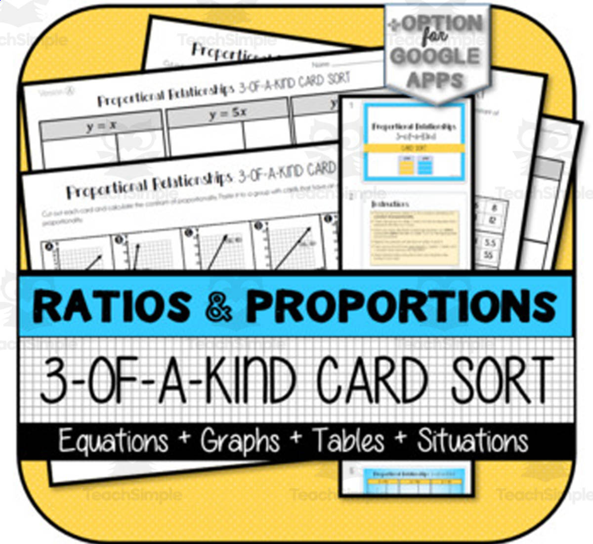 An educational teaching resource from The Math Cafe entitled Proportional Relationships 3-of-a-Kind CARD SORT downloadable at Teach Simple.