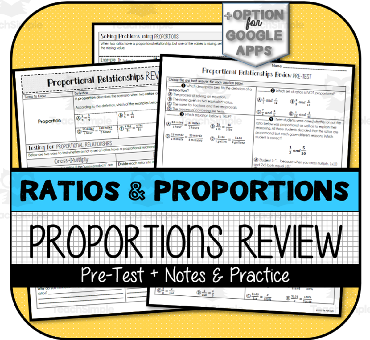 An educational teaching resource from The Math Cafe entitled Proportional Relationships REVIEW (Pre-Test & Review Notes) downloadable at Teach Simple.