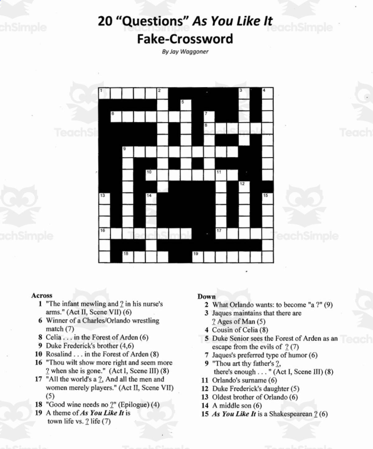An educational teaching resource from Jay Waggoner entitled Pseudo Crossword: 20 Questions As You Like It downloadable at Teach Simple.