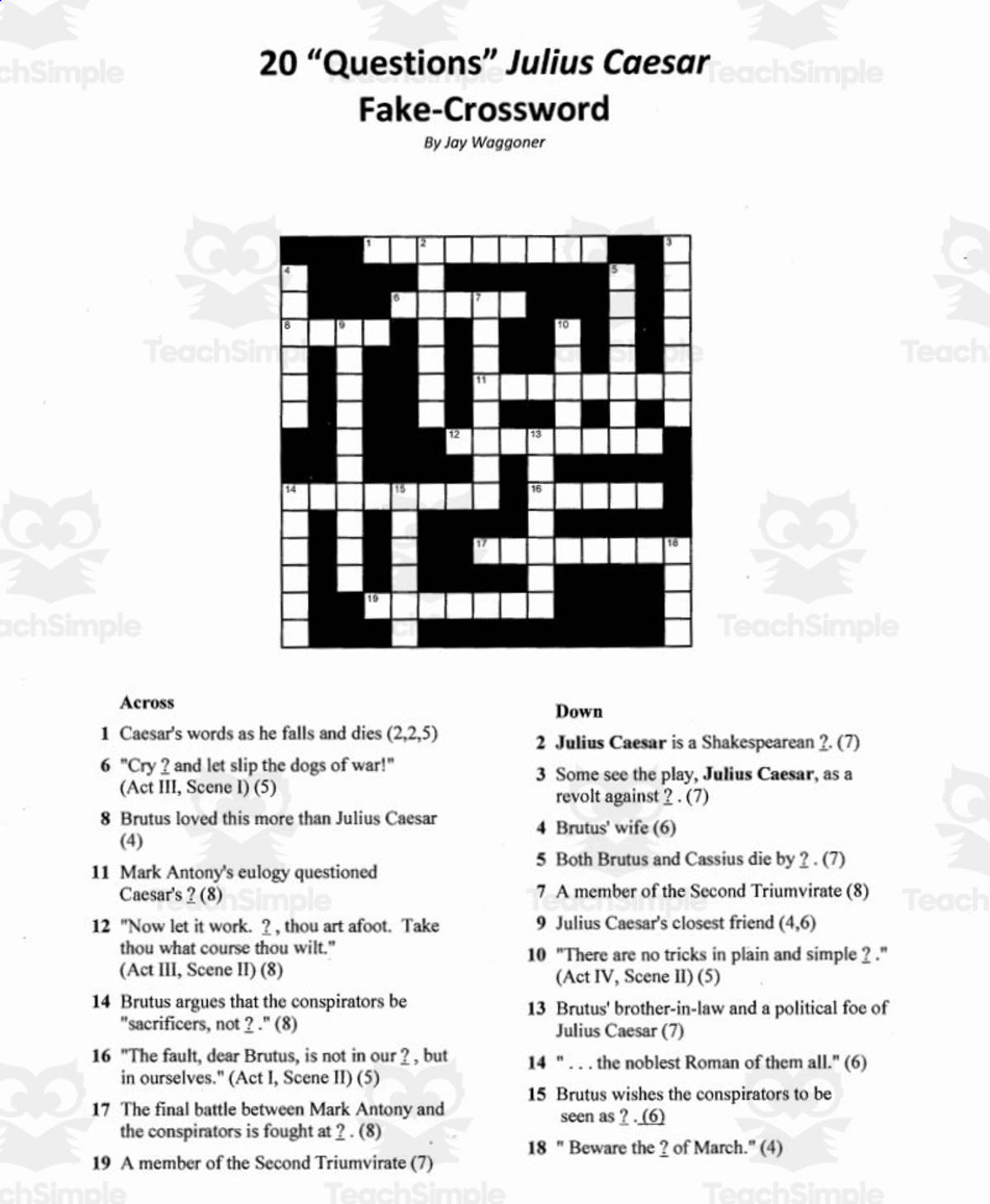 An educational teaching resource from Jay Waggoner entitled Pseudo Crossword: 20 Questions Julius Caesar downloadable at Teach Simple.