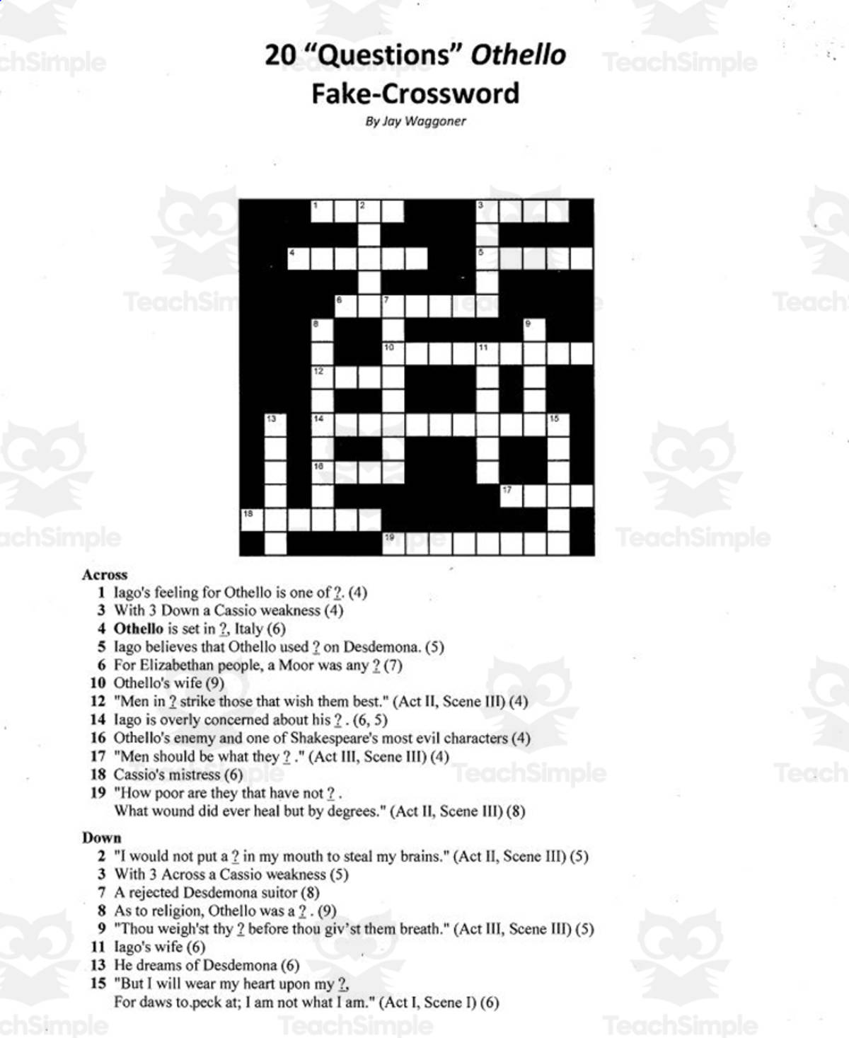An educational teaching resource from Jay Waggoner entitled Pseudo Crossword: 20 Questions Othello downloadable at Teach Simple.