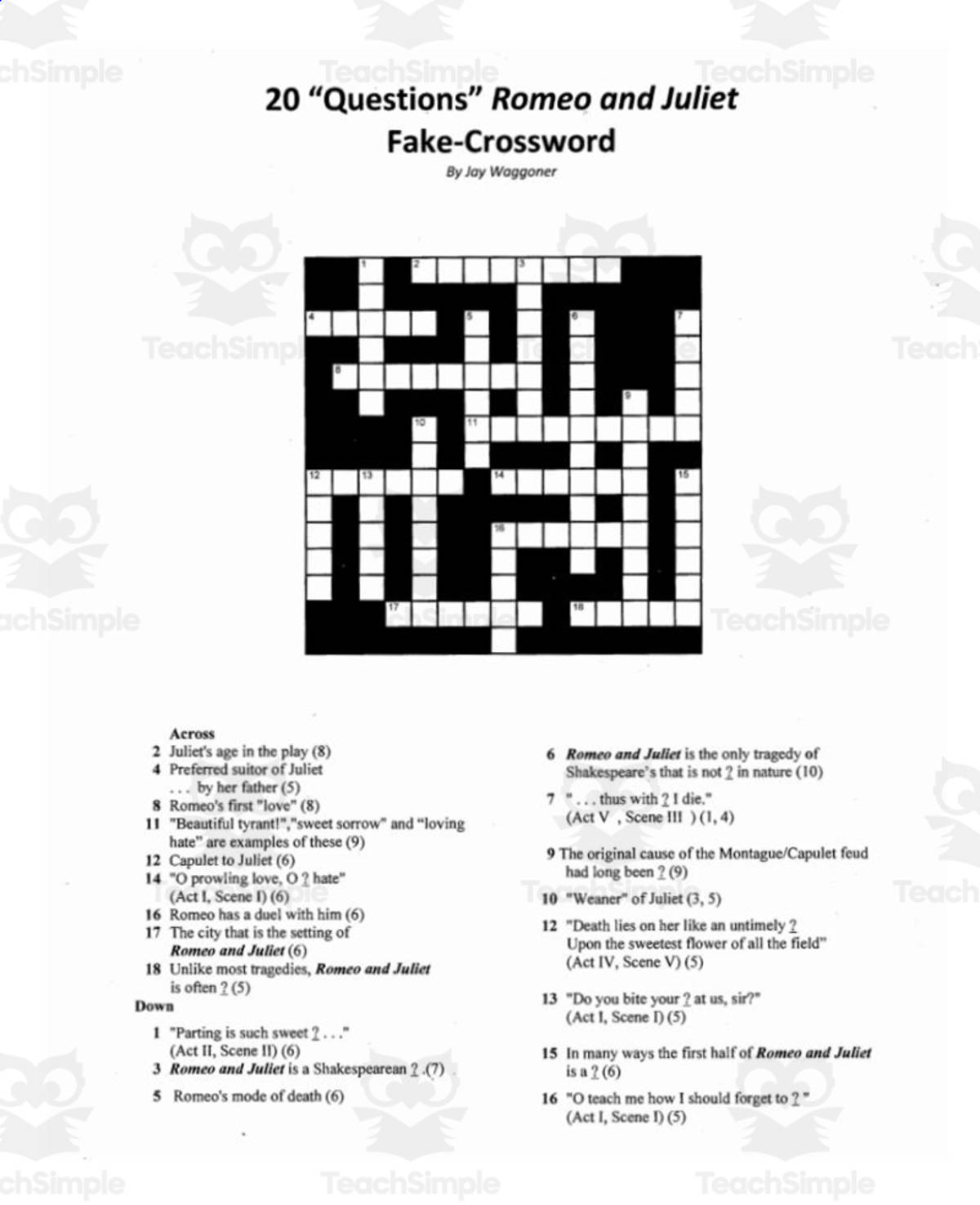 An educational teaching resource from Jay Waggoner entitled Pseudo Crossword: 20 Questions Romeo and Juliet downloadable at Teach Simple.